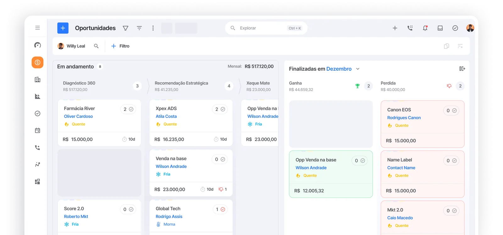 Pipeline de oportunidades no Nectar CRM, com etapas, valores por negócio e temperatura de cada lead